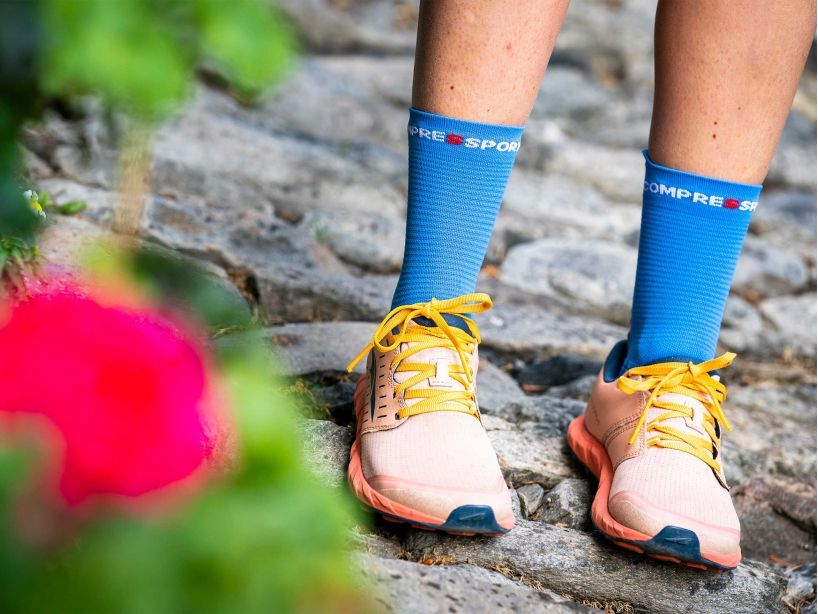 PRO RACING SOCKS V4.0 RUN HIGH - LIGHT BLUE/BURGUNDY